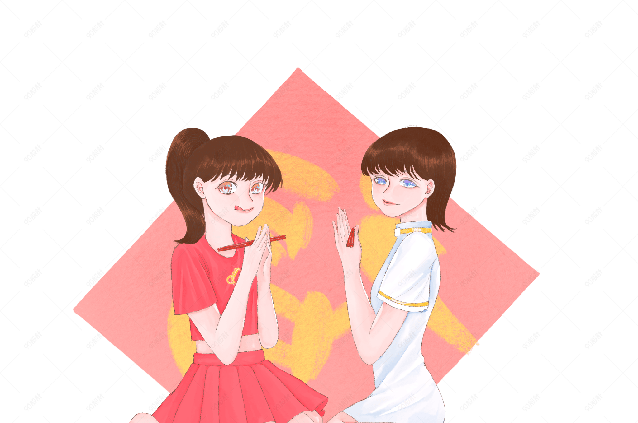 手绘姐妹新年做饺子