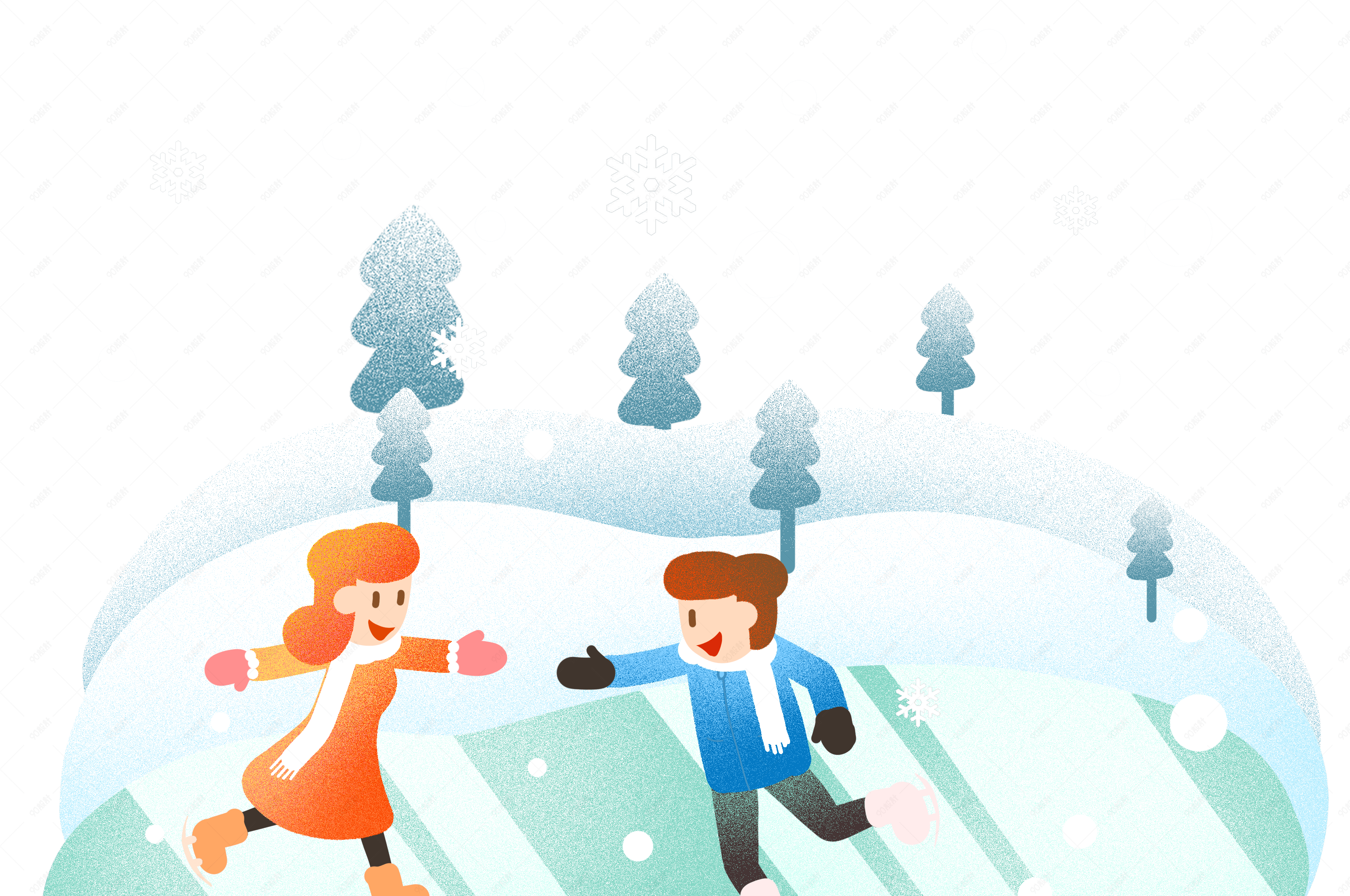 冬季冬天情侣滑冰插画