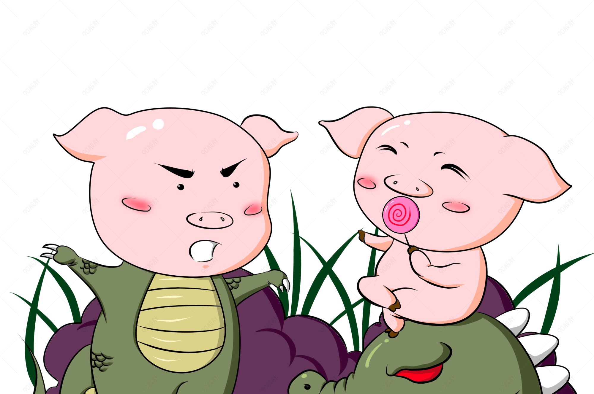 手绘两只旅游小猪插画