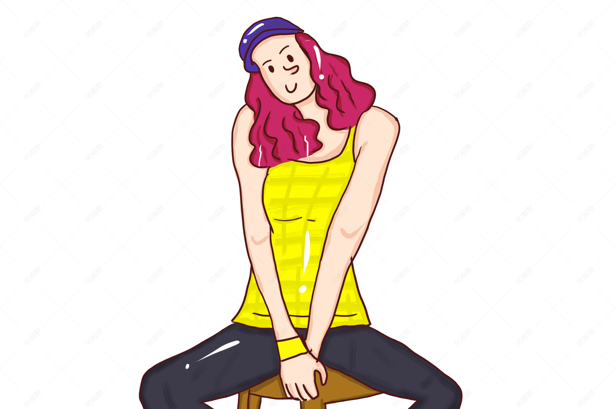 坐着凳子的女生手绘插图psd源文件