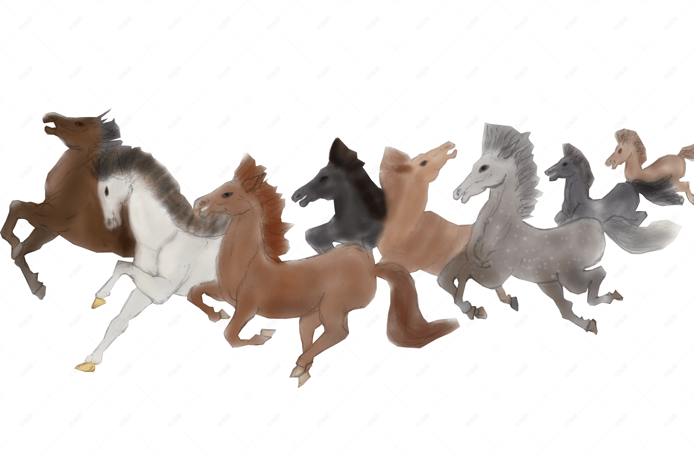 卡通手绘水墨国画八骏马图手绘免抠png