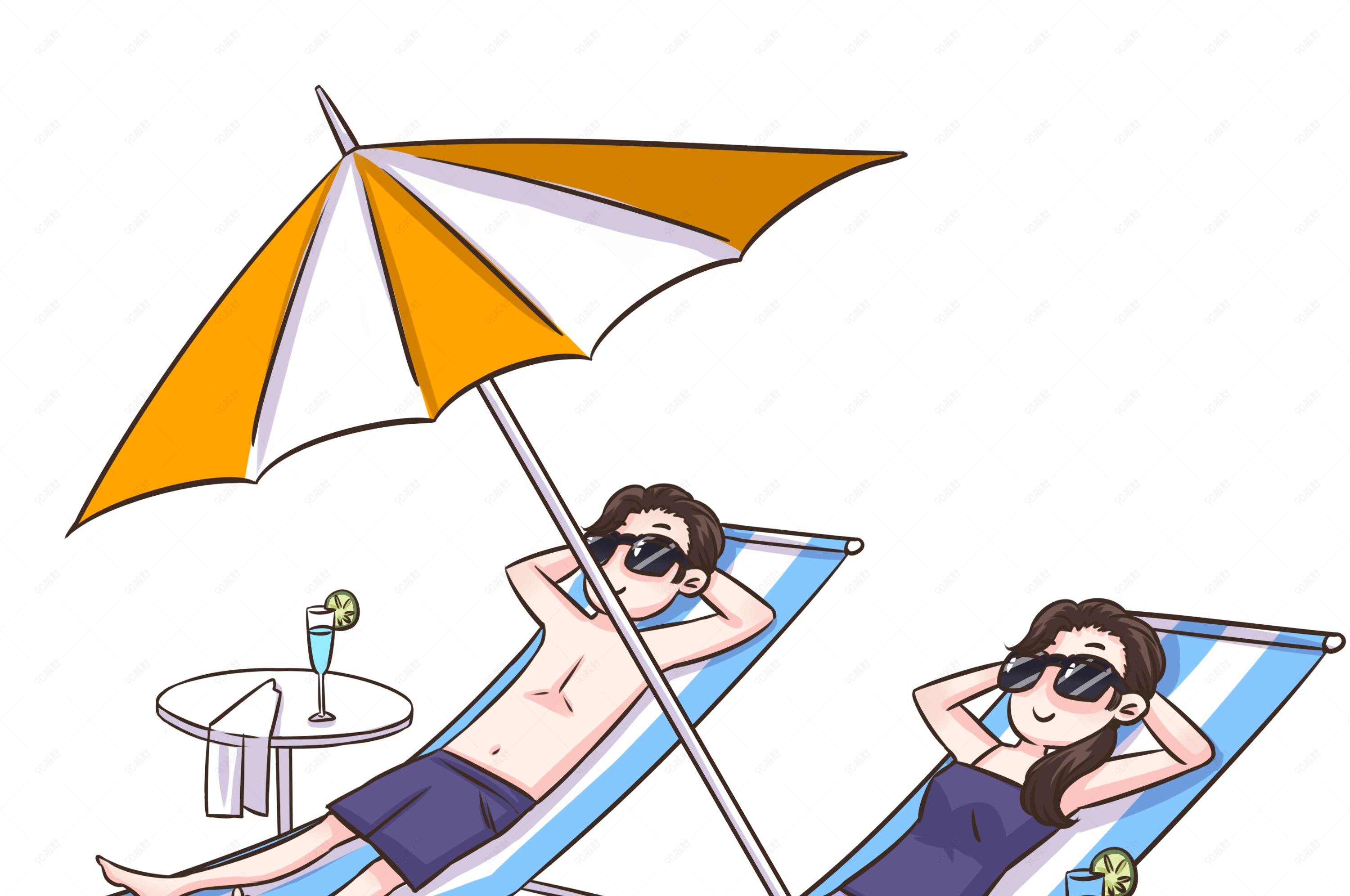 卡通手绘情侣沙滩晒太阳插画