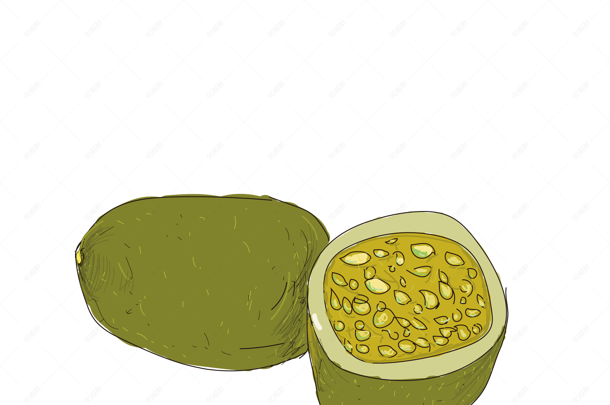 绿色百香果新鲜水果绿色食品天然健康手绘写实矢量免扣