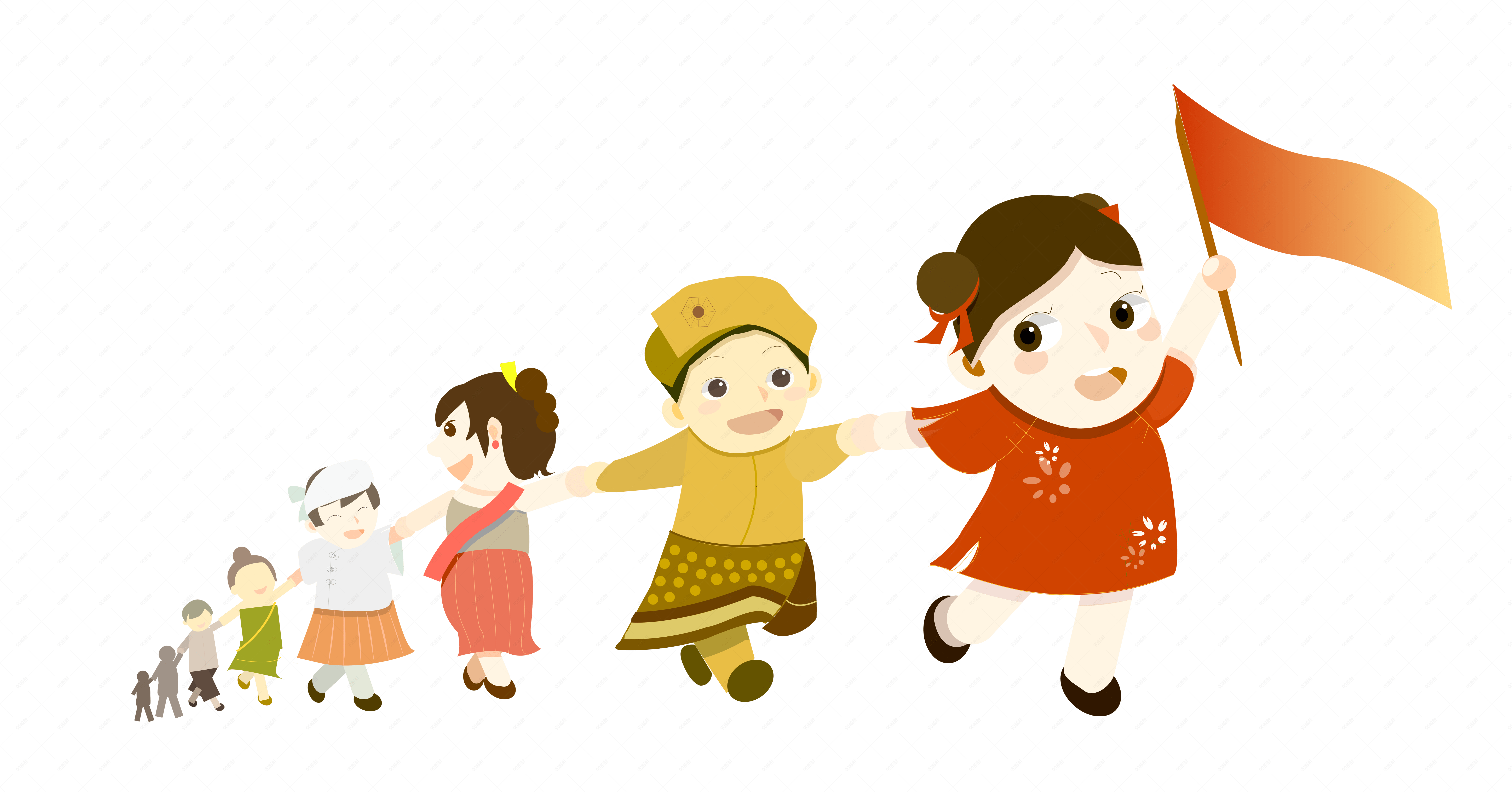 q版少数民族快乐手拉手玩耍扁平卡通可爱矢量素材
