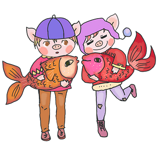 情侣小猪猪抱着欢喜大锦鲤开心的两对