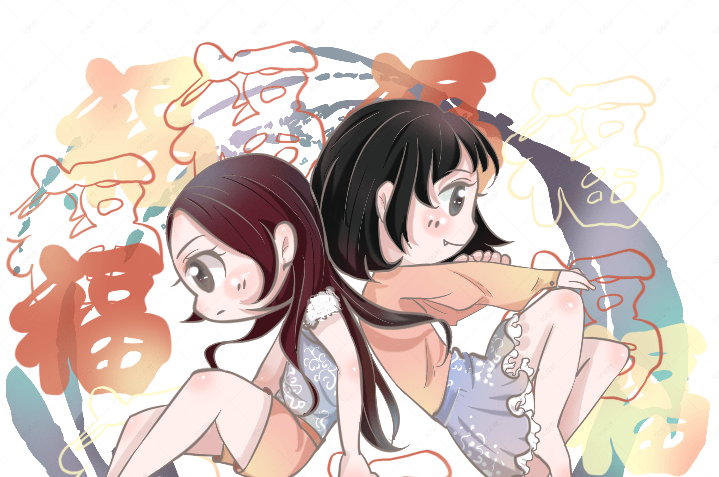 手绘双子福气庆节图