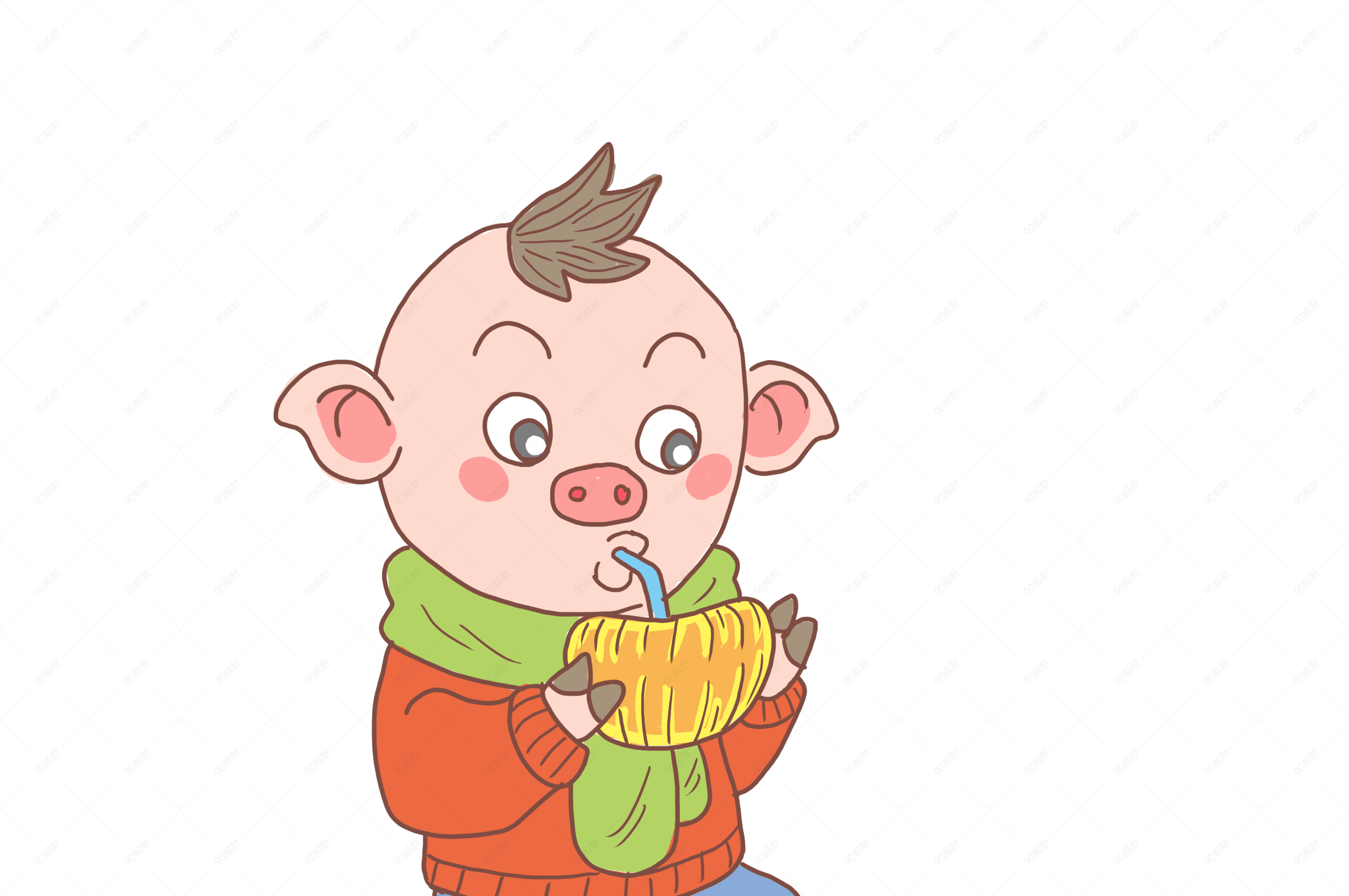 猪年卡通手绘猪娃吸橘子汁