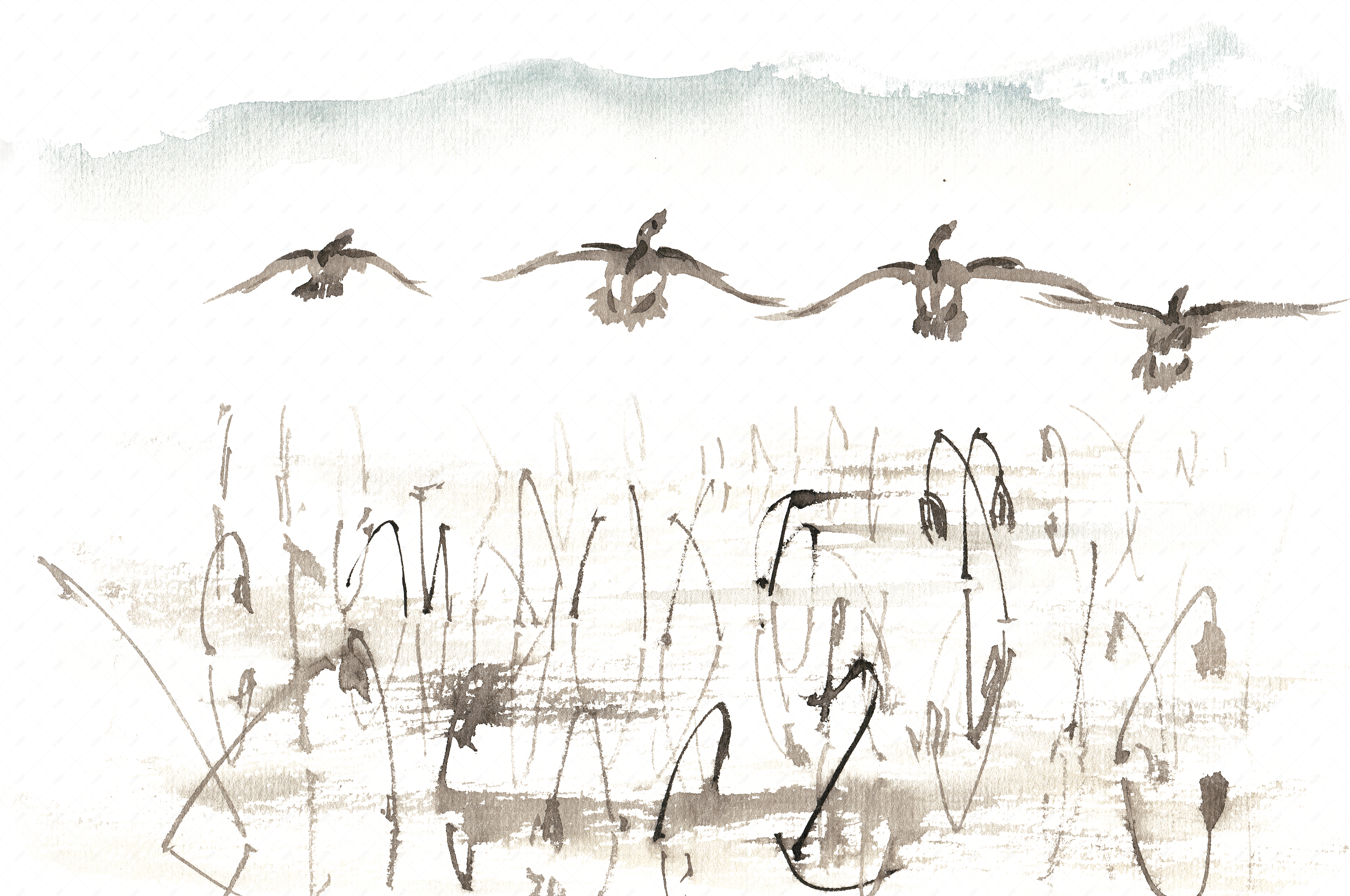 秋归的大雁水彩画png免抠素材