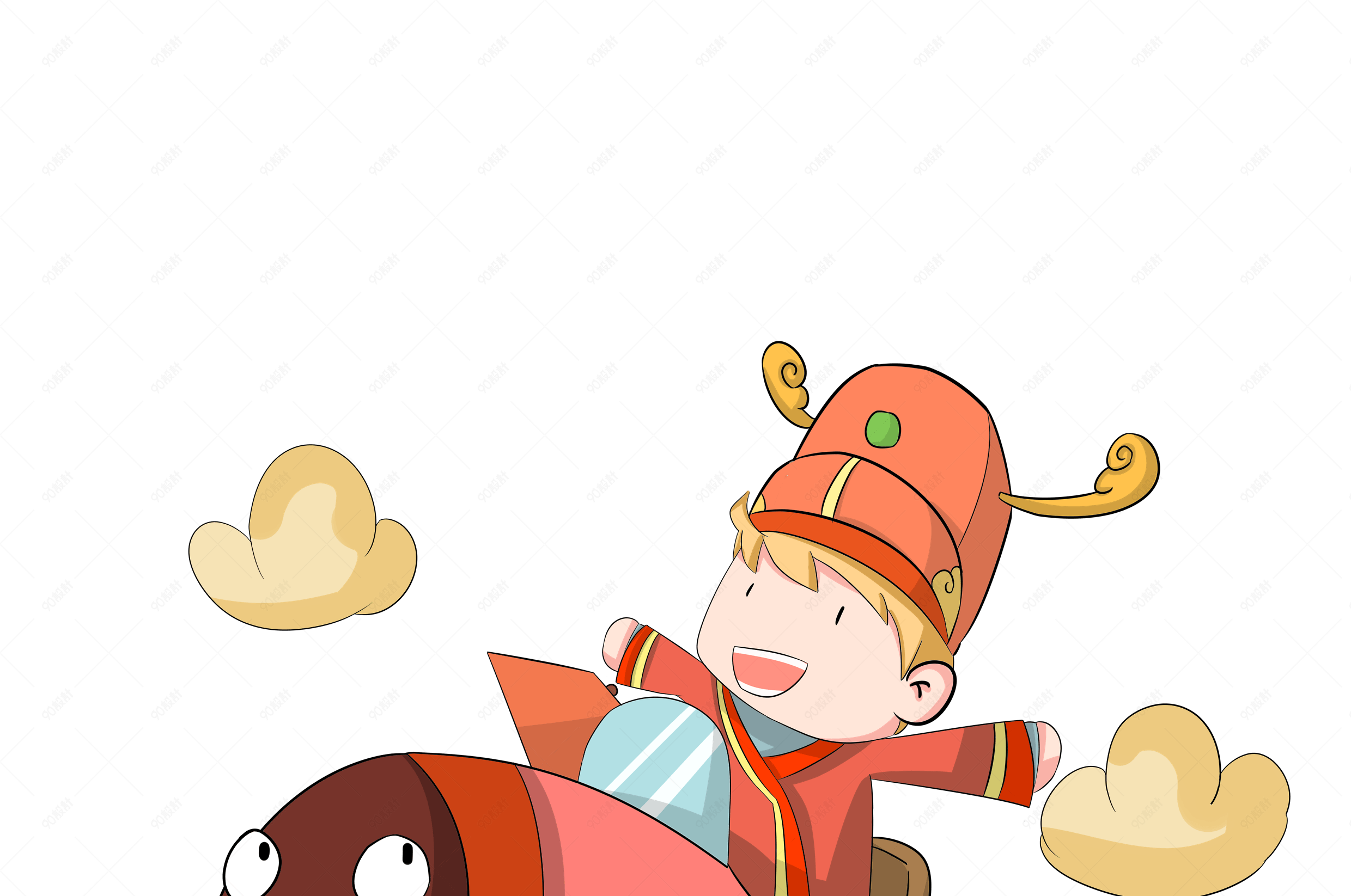 可爱手绘坐着飞机的财神爷