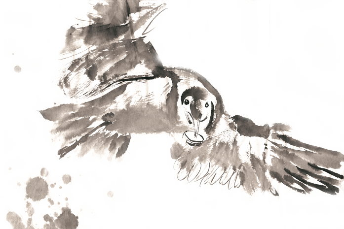 觅食的飞鸟水墨画png免抠素材