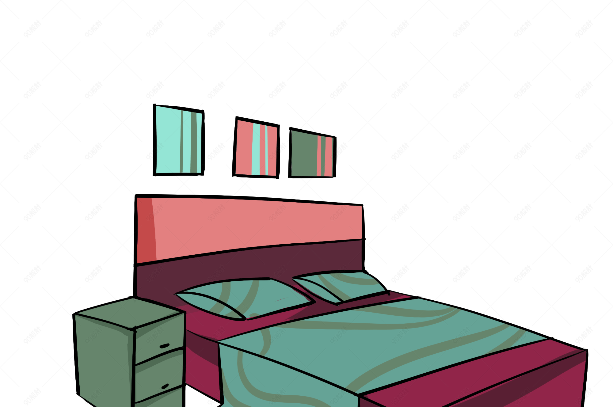 手绘家具床床头柜插画