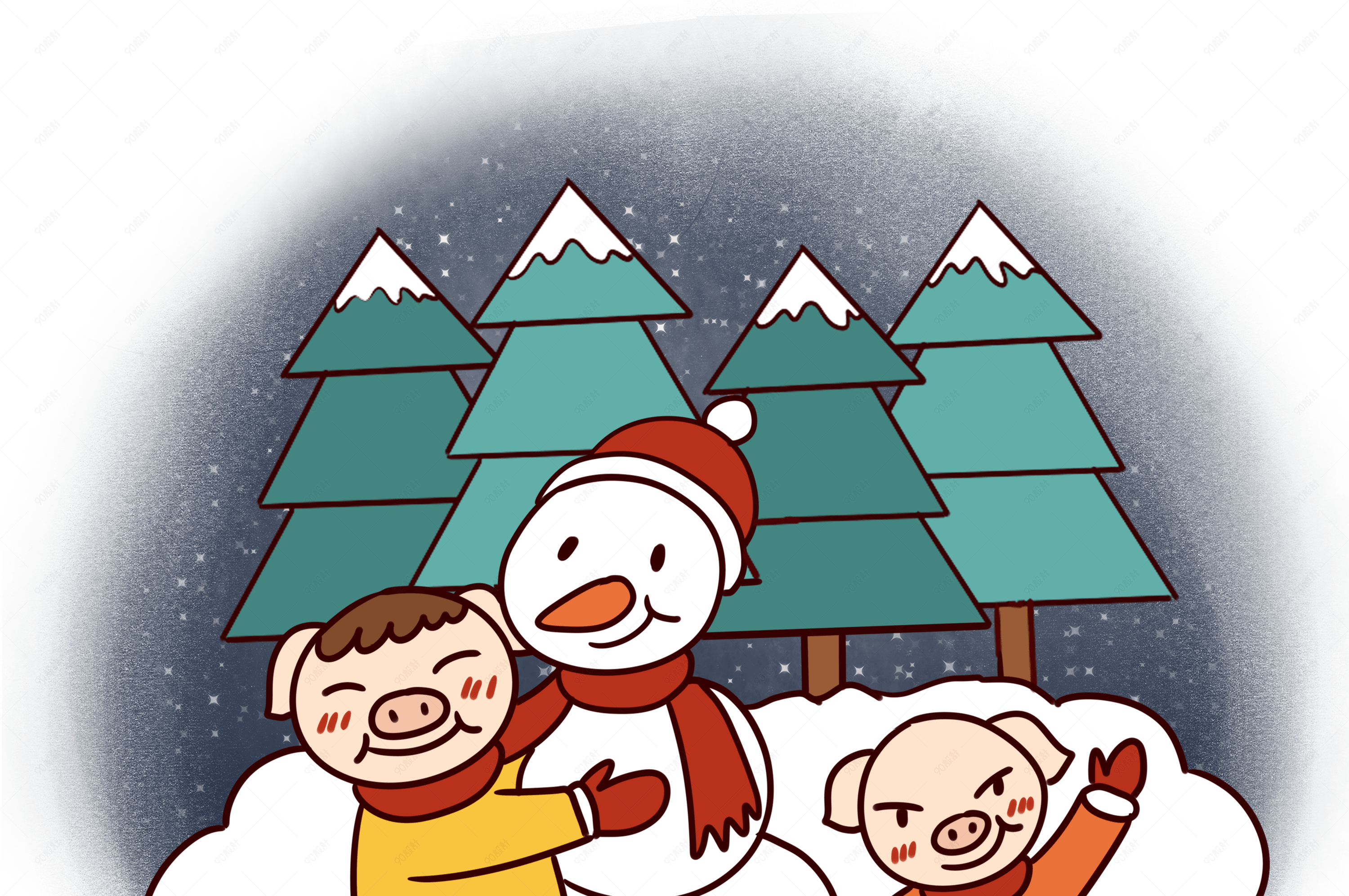 手绘卡通矢量猪年可爱小猪堆雪人