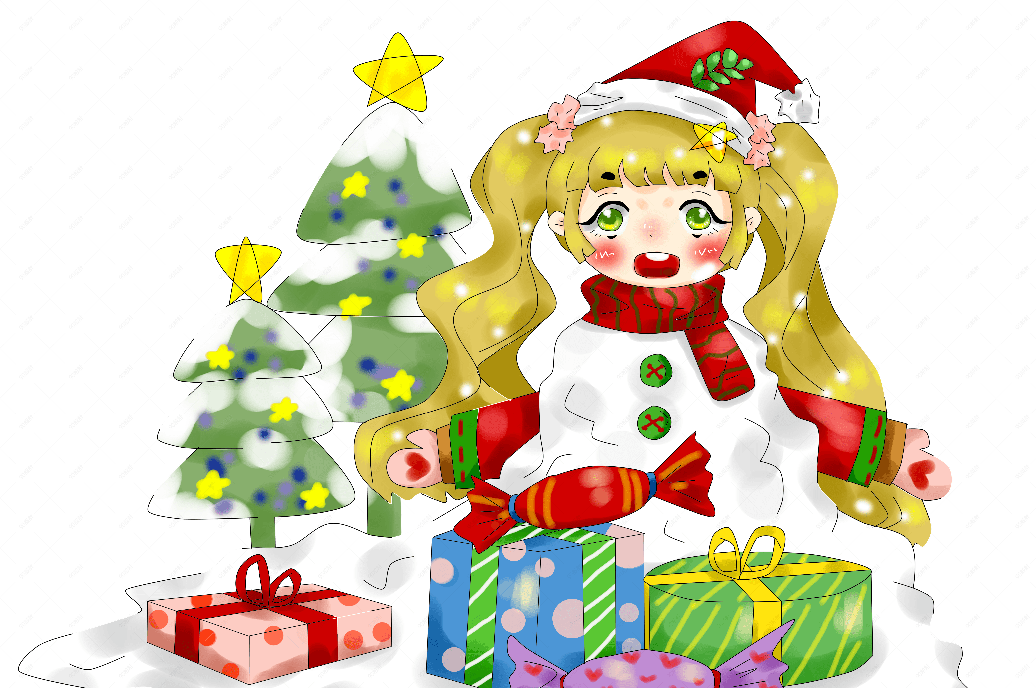 动漫手绘原创厚涂唯美圣诞节下雪天礼物插画png
