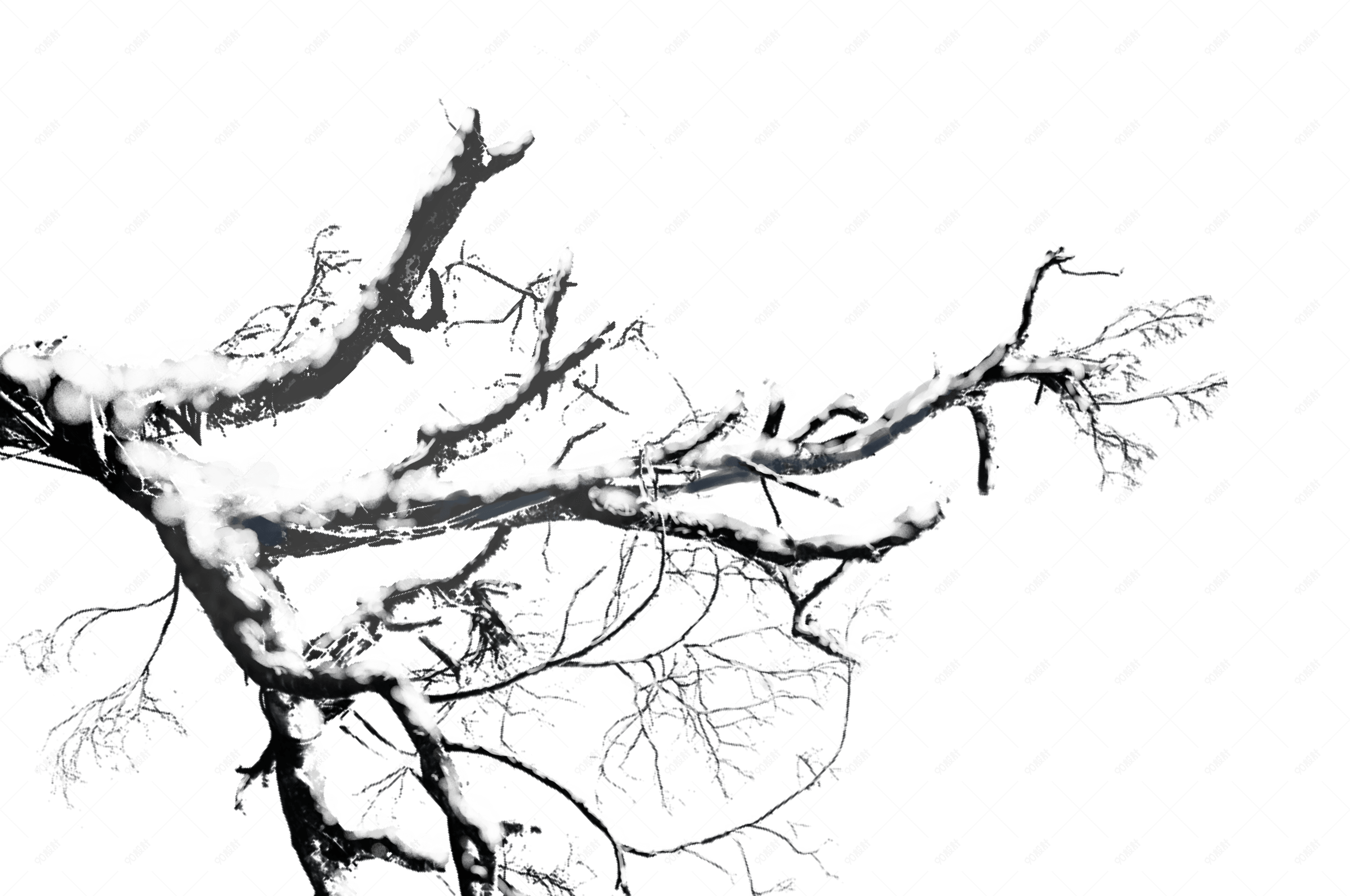 冬季积雪暗色树枝寒冷手绘免抠
