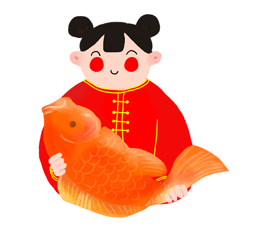 手绘抱着金鱼的年画娃娃插画
