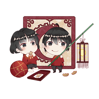 手绘两童子新年贺岁