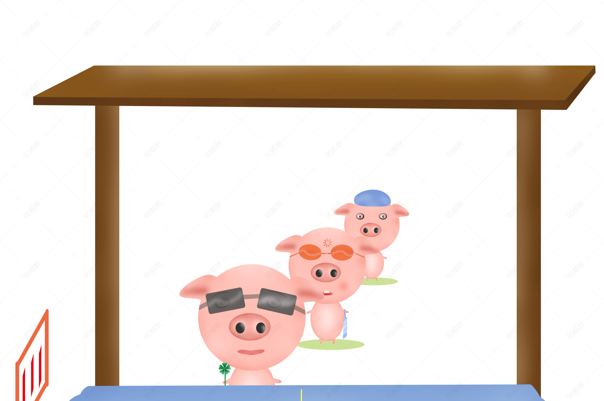 卡通手绘排队上车猪队友