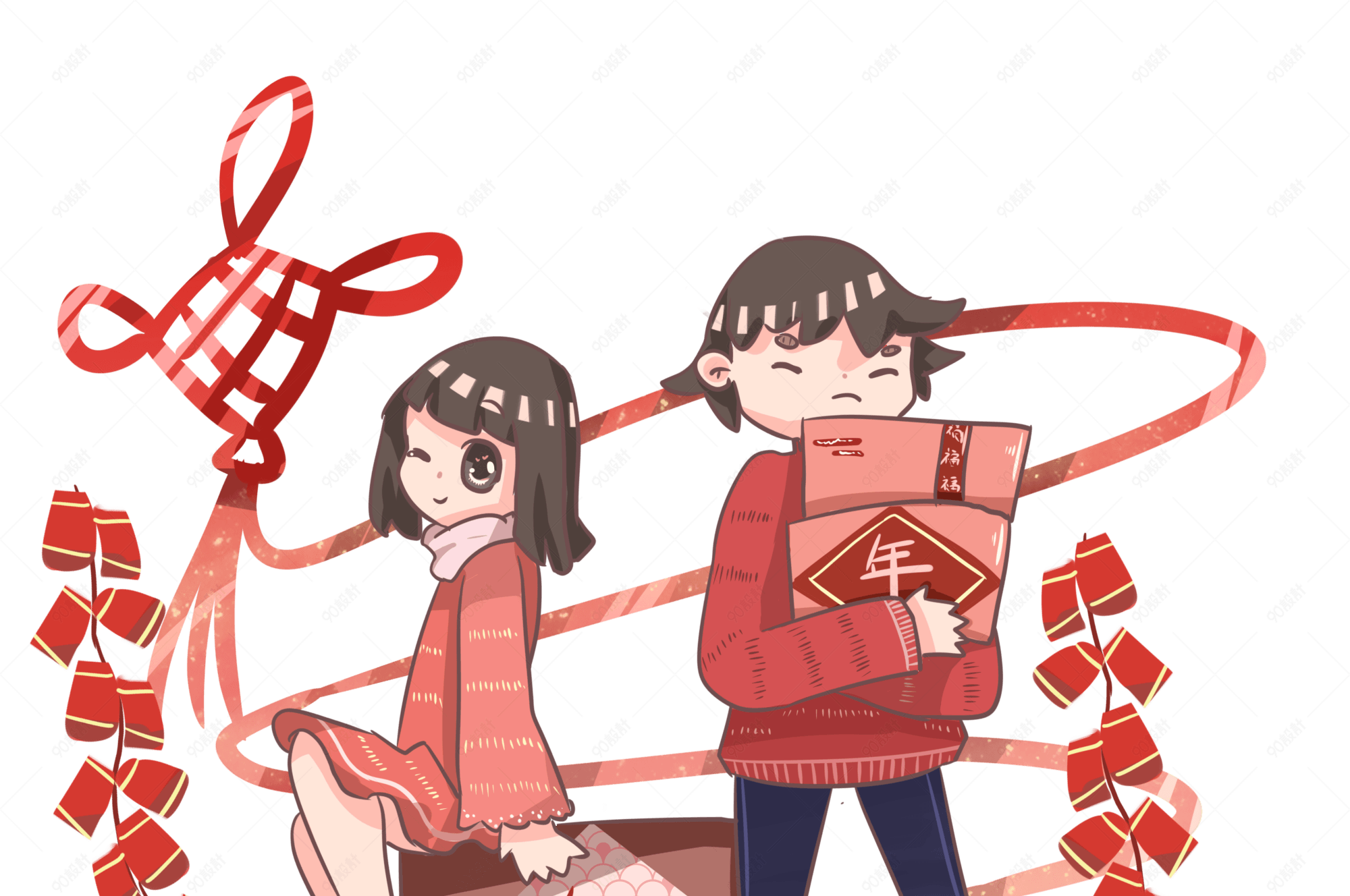 手绘双人年货迎新春
