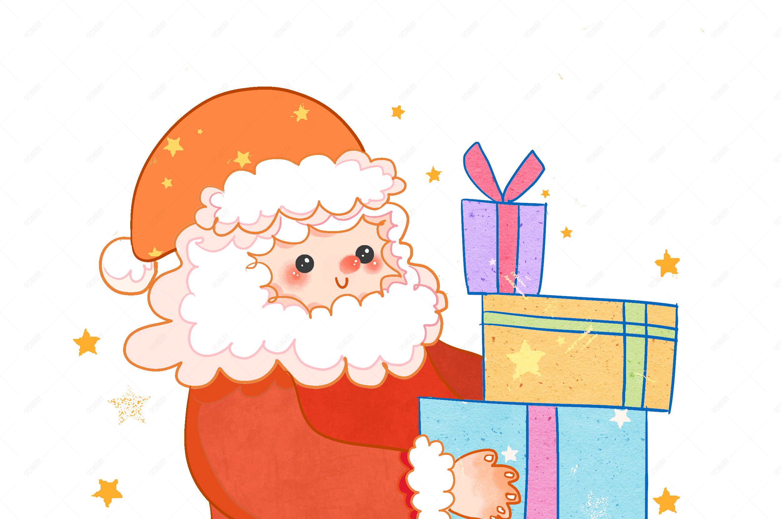 圣诞节发礼物的圣诞老人卡通手绘可爱png免扣