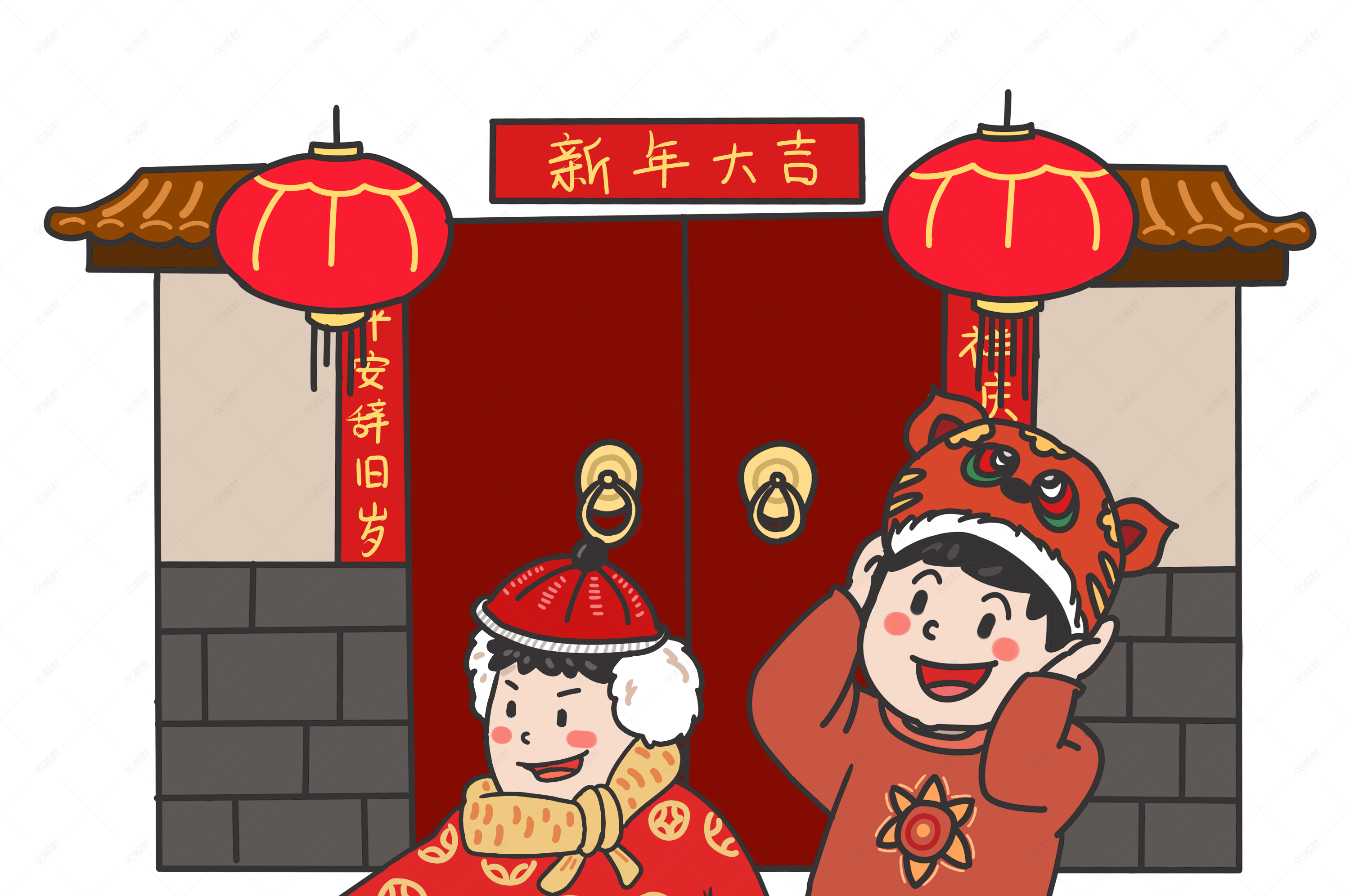 新年放爆竹手绘插画