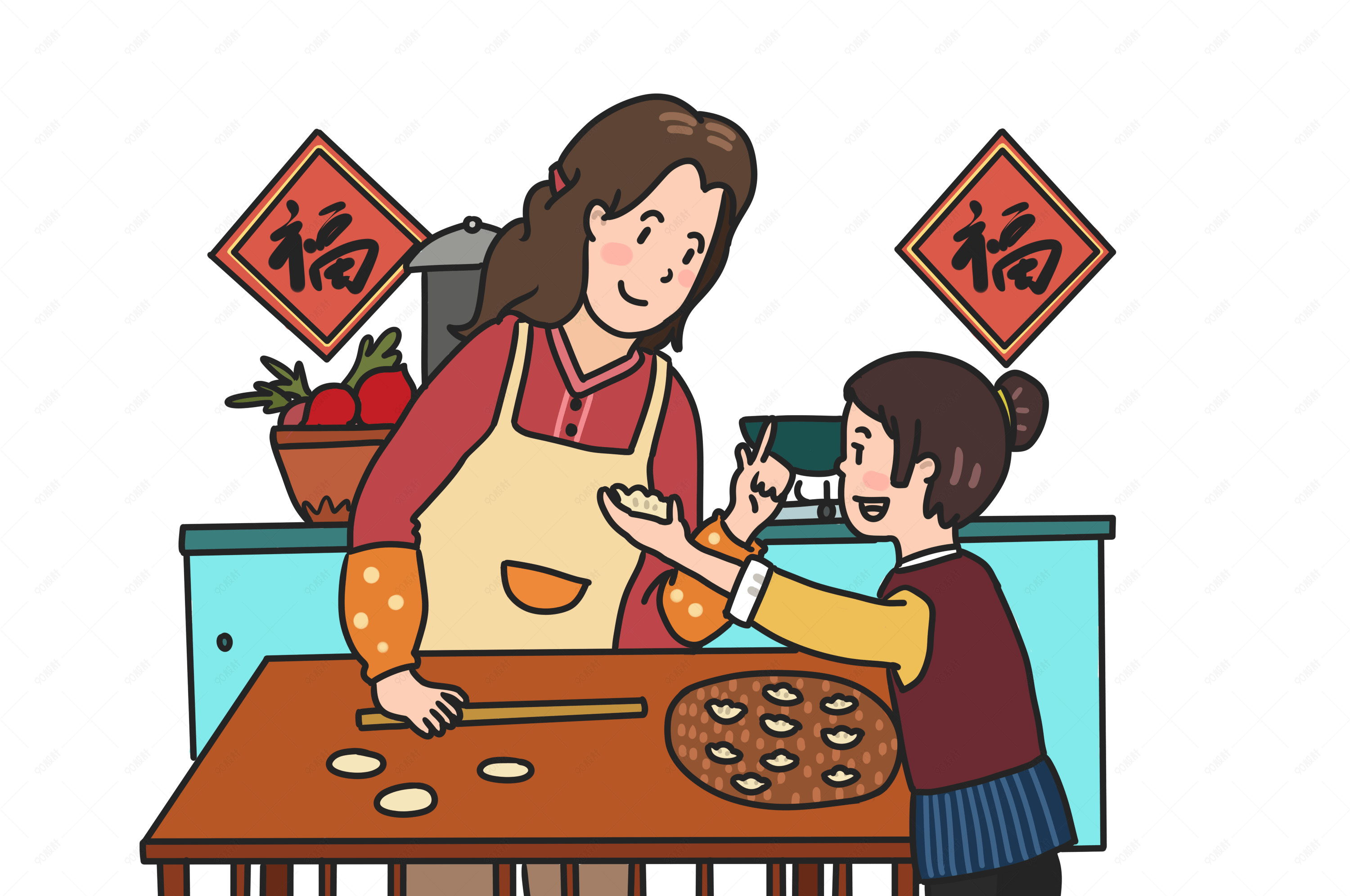新年包饺子手绘插画