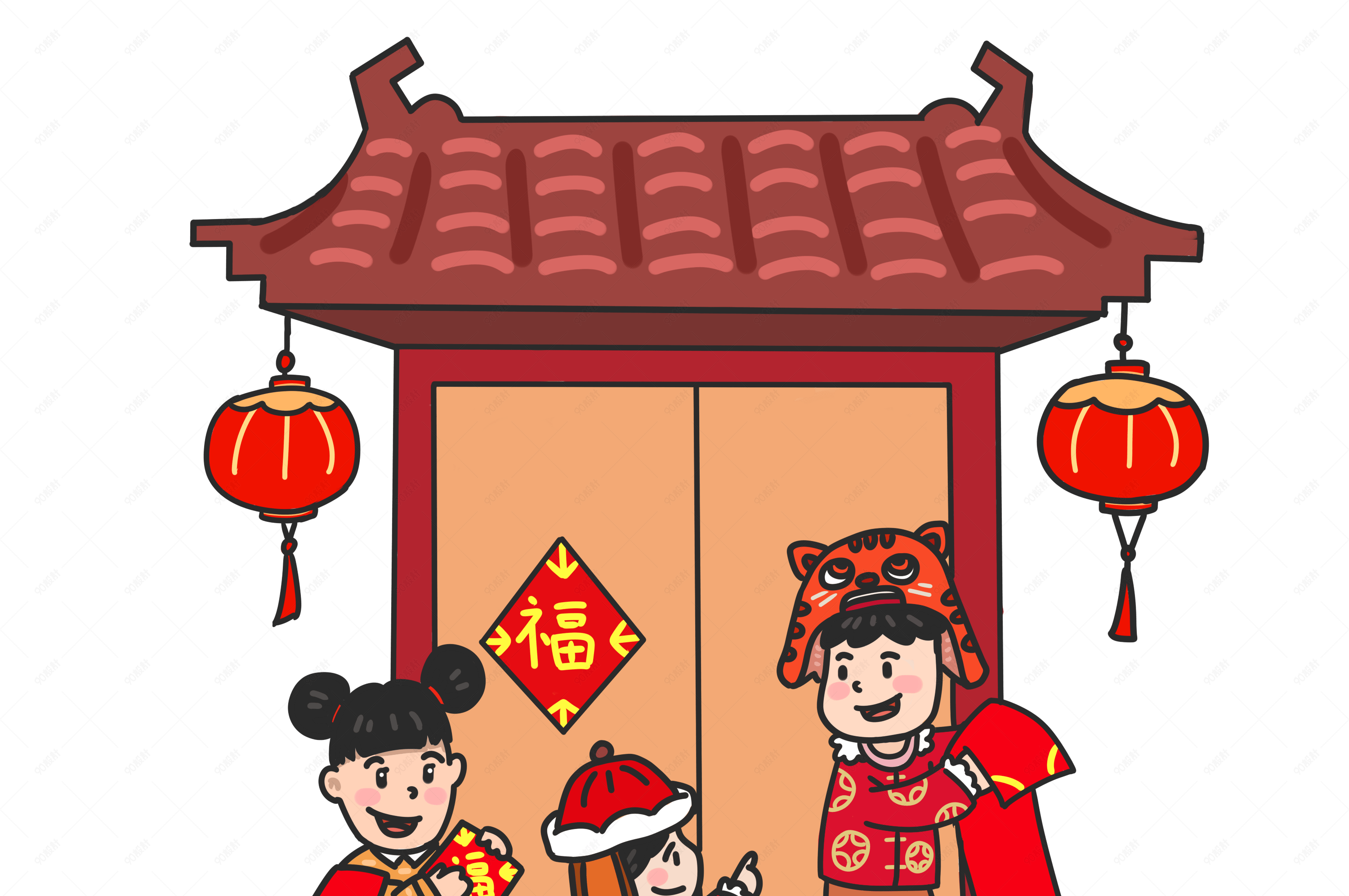 贺新年贴对联插画