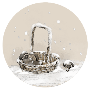 中国风水墨画竹篮冬菇雪景图