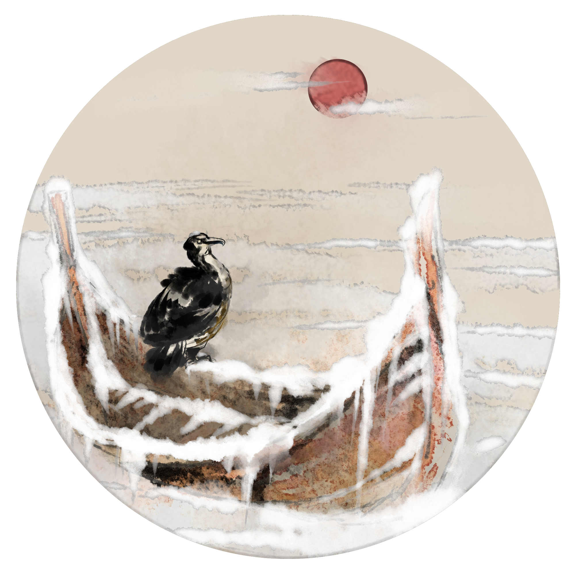 中国风水墨画孤舟鱼鹰红日图