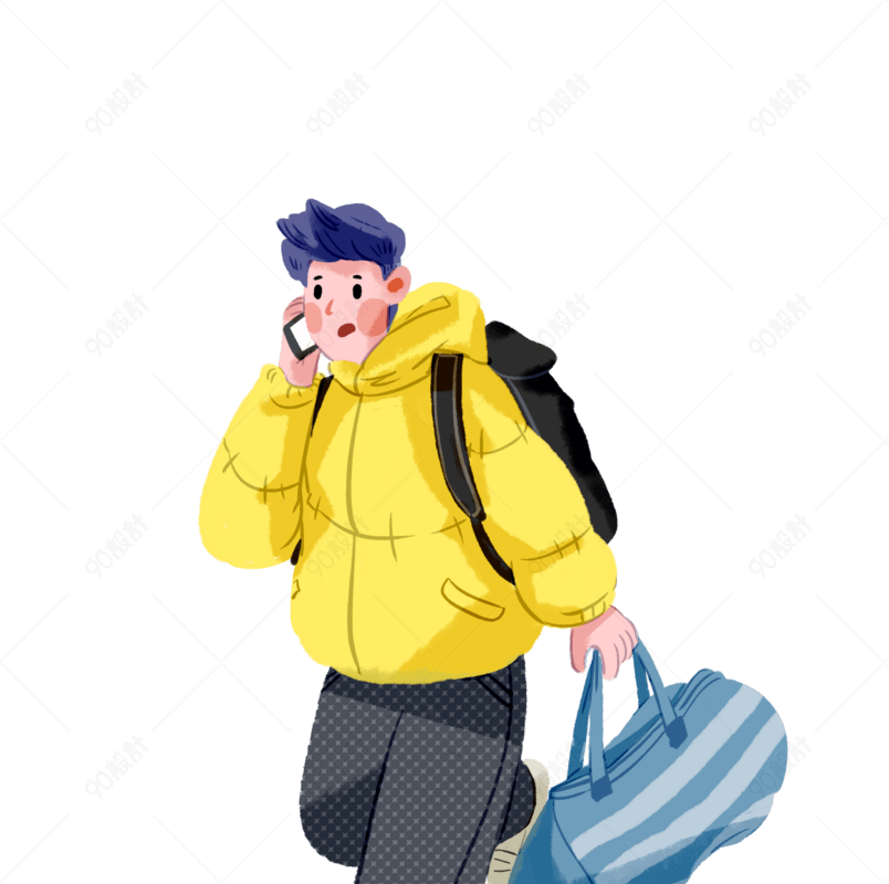 打电话提行李赶路青年免抠手绘插画素材