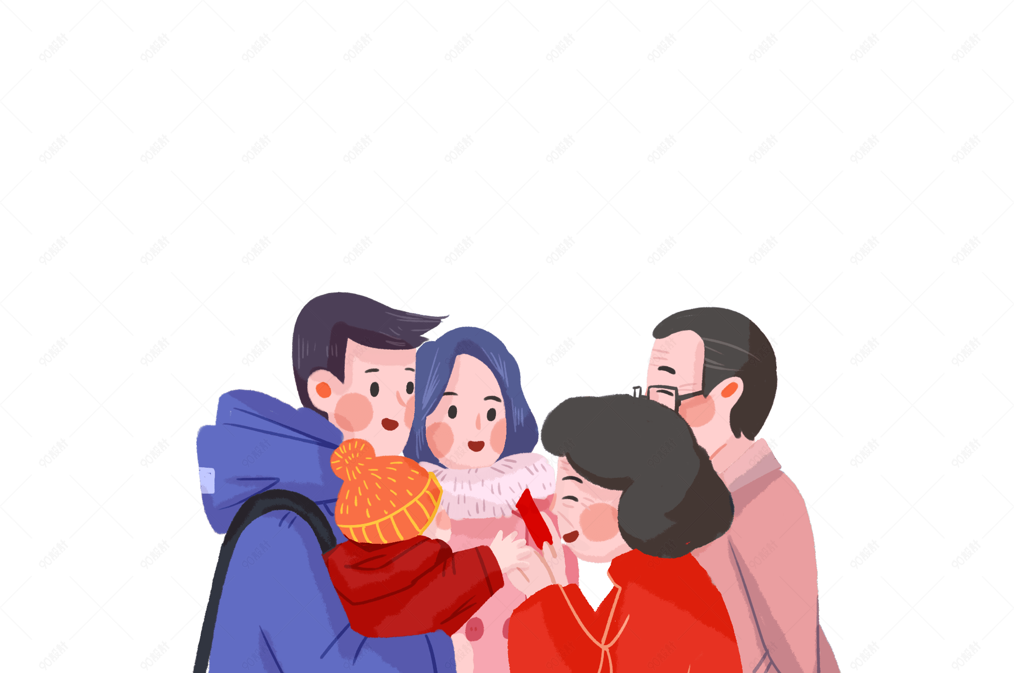 过年回家拜年团聚温馨手绘幸福场景