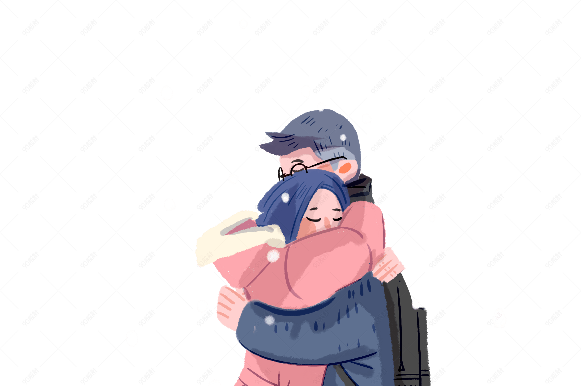 雪天温馨情侣拥抱团聚手绘装饰图案